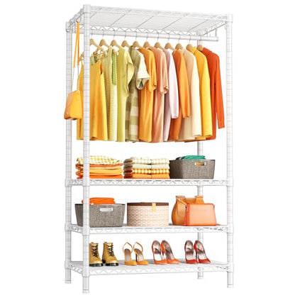 H4 Portable Closets, 4-Tier Metal Clothes Garment Rack for Bedroom and Cloakroom, Clothing Closet Storage and Organizer Wardrobe, 35.4" W x 14" D x 76.4" H, White | White Freestanding Clothing Closet Storage and Organizer Wardrobe for Apartment and Cloakr