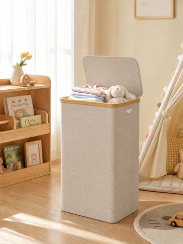 IEGrow Laundry Hamper with Lid,110L Laundry Basket with Mesh Bags,Oatmeal | Dirty Clothes Hamper Basket with Bamboo Handle for Clothes Towels - color: Oatmeal, size: 110L