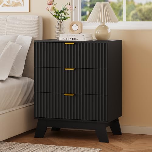 Fluted Nightstand with 3 Large Drawers, Wooden Side End Table with Elevated Legs for Easy Cleaning, Sturdy Modern Beside Table for Small Space, Bedroom, Black, 24" L - color: Black