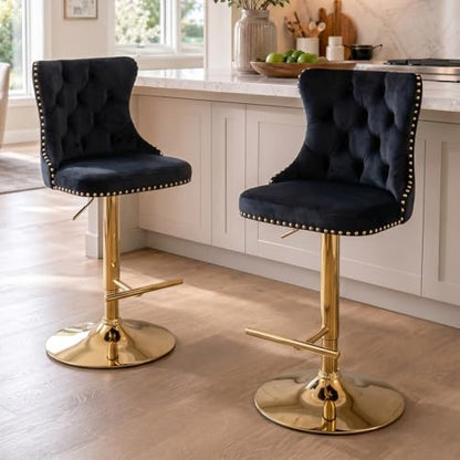 Velvet Bar Stool Set of 2, Adjustable Swivel Bar Stools with Gold Plated Metal Leg, Button Tufted, Footrest, Chrome Nailhead, Counter Height Chair for Kitchen, Bar, Dining Room (Black) - color: Black-gold Leg, size: Set of 2