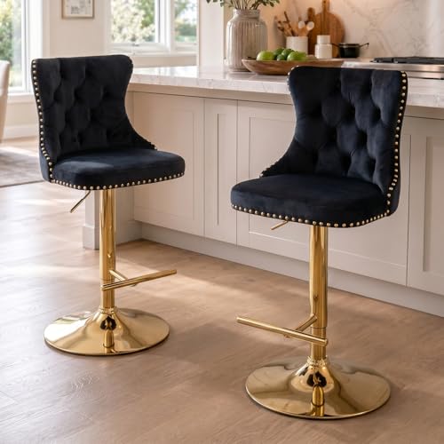 Velvet Bar Stool Set of 2, Adjustable Swivel Bar Stools with Gold Plated Metal Leg, Button Tufted, Footrest, Chrome Nailhead, Counter Height Chair for Kitchen, Bar, Dining Room (Black) - color: Black-gold Leg, size: Set of 2