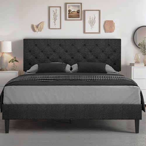 HOMBCK Queen Bed Frame, Linen Fabric Upholstered Bed Frame Queen Size, Wood Slats Support, Button Tufted, No Box Spring Needed, Dark Grey - color: Dark Grey, size: Queen