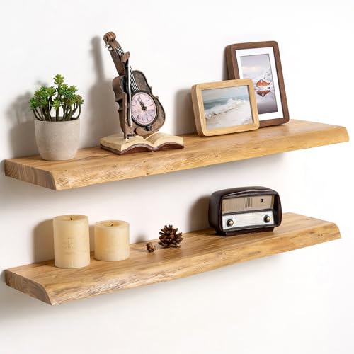 Fun Memories Solid Elm Wood Live Edge Floating Shelves for Wall, 32 x 8 Inch Rustic Wall Shelves Set of 2 with Invisible Brackets for Living Room Bedroom Kitchen, Natural - color: Natural Finish, size: 32", 2-Pack