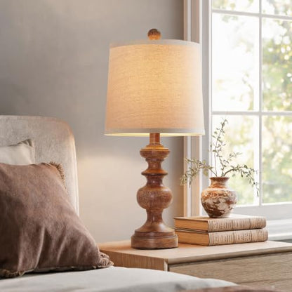 Farmhouse Table Lamp Set of 2, Rustic Table Lamps for Living Room Bedroom, 22" Mid Century Modern Desk Lamp Bedside Nightstand Lamps with Linen Tapered Drum Shades, Wood Grain - color: Wood Grain