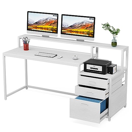 Tribesigns 63 Inch Computer Desk with File Drawer Cabinet, Ergonomic Desk | Office Desk with Monitor Stand, Computer Table with Printer Space, Wood PC Table Workstation Desk for Home Office, White - color: White
