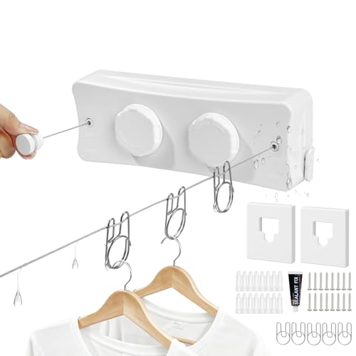 Retractable Clothesline 2X16.7 ft – Heavy-Duty 44 lb, Rust-Proof Stainless Steel, Wall-Mounted Indoor/Outdoor Clothes Line, Easy Install for Bathroom, Balcony & Apartment - color: White, size: Double Line