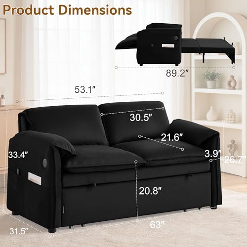 63" 3-in-1 Velvet Convertible Sleeper Sofa Bed, Modern Adjustable Backrest Loveseat Pull Out Couch with USB & Side Pocket, Small Space Love Seat Sofa Bed for Living Room, Bedroom, Black Velvet - color: Black