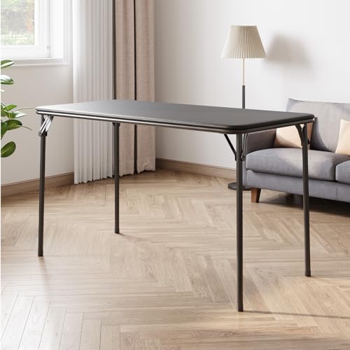 Garvee 4 ft Folding Table Indoor Outdoor, Protable Foldable Card Table, Lockable Metal Legs Support, Upholstered PU Leather Tabletop, Heavy Duty for Picnic Parties Wedding BBQ Camping (Black-1)