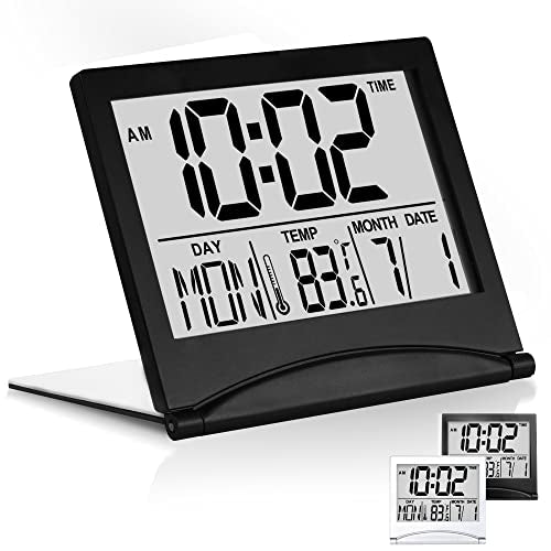 Betus Digital Travel Alarm Clock – Foldable Calendar, Temperature & Timer with Snooze – Large Number Display, Battery Operated – Compact Desk Clock for Home & Office (Black) - color: Black