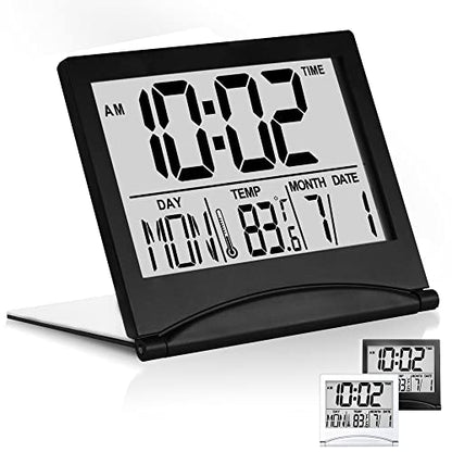 Betus Digital Travel Alarm Clock – Foldable Calendar, Temperature & Timer with Snooze – Large Number Display, Battery Operated – Compact Desk Clock for Home & Office (Black) - color: Black