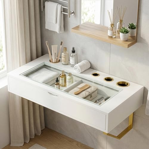 Floating Makeup Vanity Table, 31 inch Wall Mounted Desk for Bedroom, White | Floating Nightstand, Dressing Table with Drawer, Writing Desk, Saves Floor Space and Keeps Items Organized