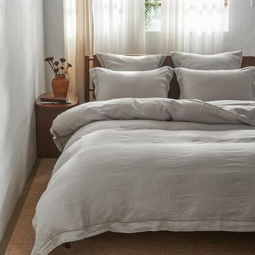 Simple&Opulence 100% Washed Linen Duvet Cover Set with Embroidered,2 Pieces Soft Farmhouse Comforter Set with Button Closure,1 Duvet Cover and 1 Pillowsham(Twin,Grey) - color: Embroidery Grey, size: Twin