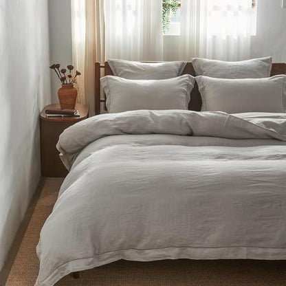 Simple&Opulence 100% Washed Linen Duvet Cover Set with Embroidered,2 Pieces Soft Farmhouse Comforter Set with Button Closure,1 Duvet Cover and 1 Pillowsham(Twin,Grey) - color: Embroidery Grey, size: Twin