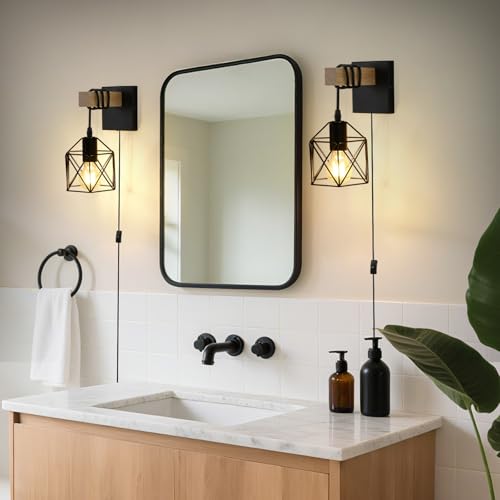 Lightess Farmhouse Plug in Wall Sconces Lamps for Bedroom Set of 2 | Easy Plug In Installation Without Wiring Work Industrial Wall Lights Metal Cage Lampshade Black Wall Mounted for Living Room - size: plug in