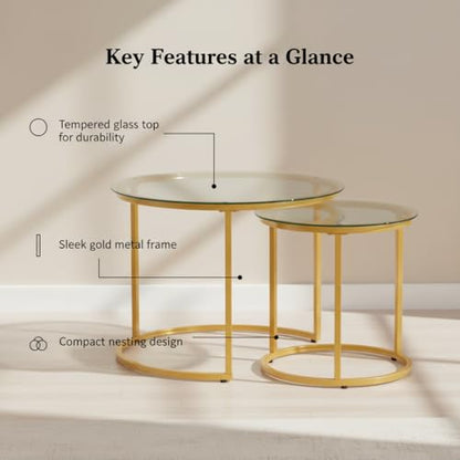 Round Nesting Coffee Table Set of 2, Glass Stacking Minimalist End Table | Modern Marble Pattern Wooden Nesting Tables for Living Room Bedroom Small Space, Clear Tempered Glass and Gold Leg - color: Glass & Gold