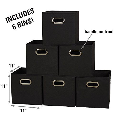 Household Essentials Foldable Fabric Storage Bins 6 Piece Set, Strong Poly-Woven Fabric, Sturdy Chipboard Sides, Grommet Front Handle, Stackable, Classic Design, Black - color: Black, size: 11” L x 11” W x 11” H