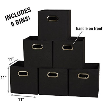 Household Essentials Foldable Fabric Storage Bins 6 Piece Set, Strong Poly-Woven Fabric, Sturdy Chipboard Sides, Grommet Front Handle, Stackable, Classic Design, Black - color: Black, size: 11” L x 11” W x 11” H