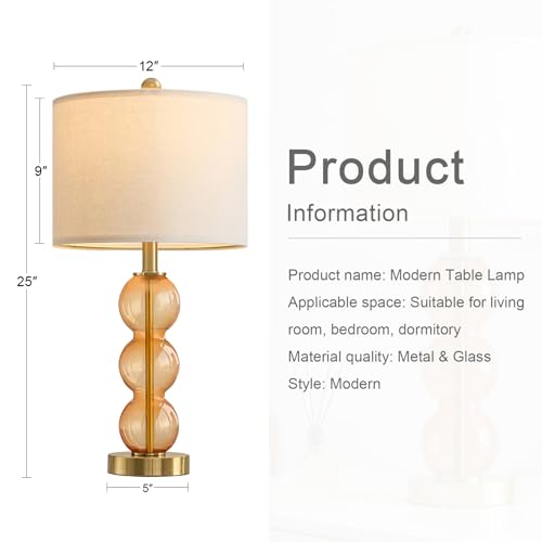 25" Amber Glass Table Lamps for Living Room, Glass Modern Table Lamp Set of 2, USB Charging Ports, Linen Shade, Bedside Lamps for Bedroom, Nightstand, Side Table (Bulbs not Included) - color: Amber