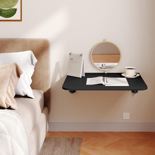 HOOBRO Folding Table, Wall Mounted Floating Desk with Iron Bracket, Drop Leaf Table for Small Spaces, Kitchen, Laundry Room, Home, Office, Black BK054BZ01 - color: Black