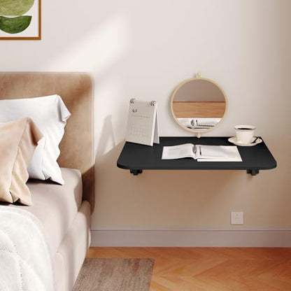 HOOBRO Folding Table, Wall Mounted Floating Desk with Iron Bracket, Drop Leaf Table for Small Spaces, Kitchen, Laundry Room, Home, Office, Black BK054BZ01 - color: Black