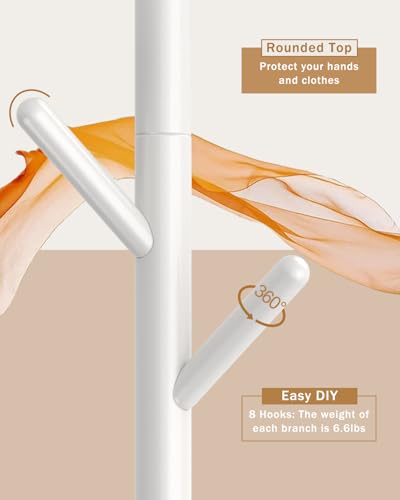 Yawinhe Coat Rack, Sturdy Woode Stand Tree with 8 Hooks,White | 3 Adjustable Heights Coat Tree Freestanding; Sturdy Clothes Stand with Square Base; Coat Standing Tree for Entryway, Hallway - color: White