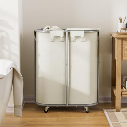 200L Double Laundry Hamper with Lid & Wheels, Oval Rolling Laundry Basket | Gasvadivum Sturdy Metal Large Laundry Cart with 2 Removable Bags, Dirty Clothes Hamper 2 section for Bathroom, Bedroom, Beige - color: Beige, size: 200L(24.8"L x 16.9"W x 31.5"H)