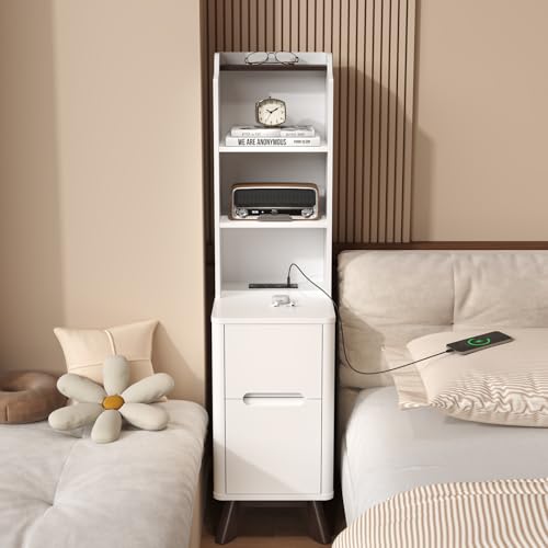 Tall Nightstand with Charging Station, Narrow Side Table with Bookshelf | 47" Tall Free Standing Wooden Night stand with 2 Drawers and 4 Open-Shelves, Modern End Bedside Table for Bedroom, White - color: White, size: Tall (2 drawer)