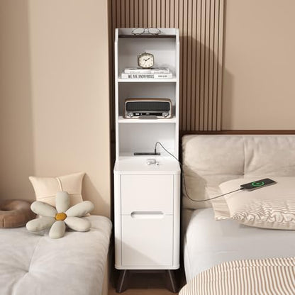 Tall Nightstand with Charging Station, Narrow Side Table with Bookshelf | 47" Tall Free Standing Wooden Night stand with 2 Drawers and 4 Open-Shelves, Modern End Bedside Table for Bedroom, White - color: White, size: Tall (2 drawer)