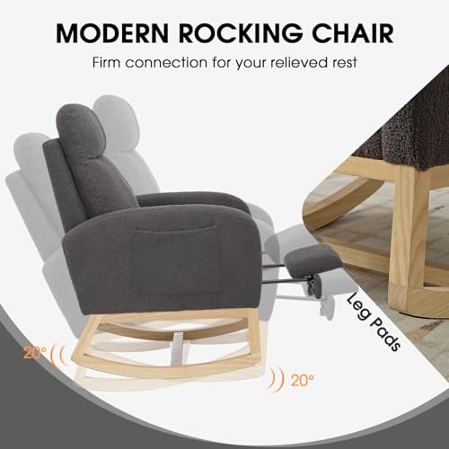 NIOIIKIT Modern Nursery Rocking Chair, Teddy Upholstered Rocking Chair with Footrest, Comfortable Rocker Chair with Side Pocket, Rocker Chair for Living Room, Bedroom, Nursing Room (Grey) - color: Grey