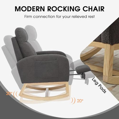 NIOIIKIT Modern Nursery Rocking Chair, Teddy Upholstered Rocking Chair with Footrest, Comfortable Rocker Chair with Side Pocket, Rocker Chair for Living Room, Bedroom, Nursing Room (Grey) - color: Grey