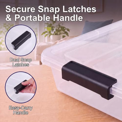 6 Qt Plastic Storage Bins with Lids,Sensory Bins,Stackable Clear Containers with Secure Latches,Multi-Purpose Classroom Storage Organizer for Craft Supplies,Paper & Office Stationery,4 Pack,Black | Stackable, Secure Latches, Multi-Purpose Classroom Storag