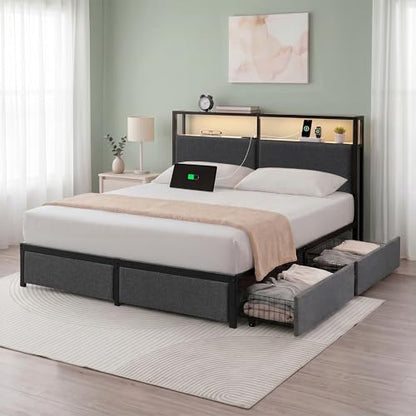 Zinus Michael Upholstered Platform Bed Frame, Four Underbed Drawers, Queen | Space-Saving Two-Tier Headboard Storage, Mood Setting RGB LED Lights, Built-in USB Charging Station, Ambient Night Light - size: Queen