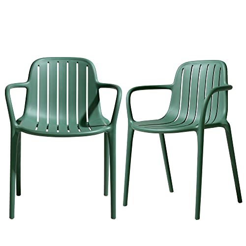 LESHI Dining Chair with Armrests Backrest Plastic Chairs Bar Breathable Design Simple Art Style for DiningRoom Bedroom Living Room Patio Indoor Outdoor (Set of 2, Dark Green) - color: A-green, size: 2 Pack-With Armrests