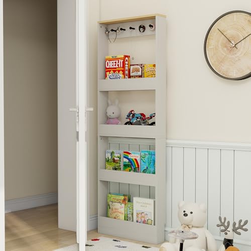 Behind Door Bookshelf Kids,Wooden Slim Tall Bookshelf 4-Tier Narrow Shelf | Space-Saving Book Shelf Organizer for Toys & Story Books Wall Mount Shelves with 5 Hooks Bedroom Living Room Antique White