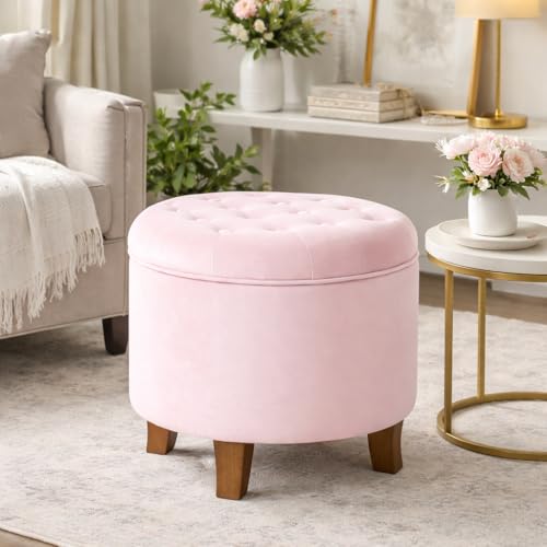 HomePop by Kinfine Fabric Upholstered Round Storage Ottoman - Velvet Button Tufted Ottoman with Removable Lid, Pink, Small - color: Pink