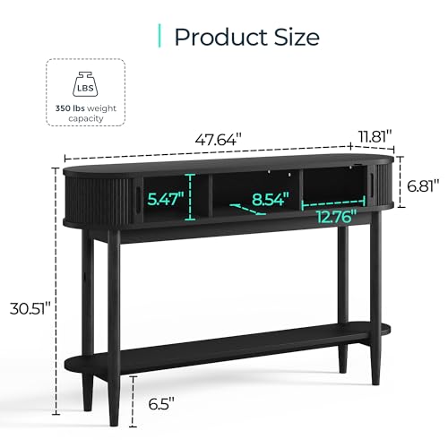 LINSY Fluted Console Table with Storage and Shelves, Black | Entryway Table, Wood Entrance, Behind Couch Sofa Table, Foyer Tables for Hallways, Living Room Boho Furniture, Narrow Long - color: Black