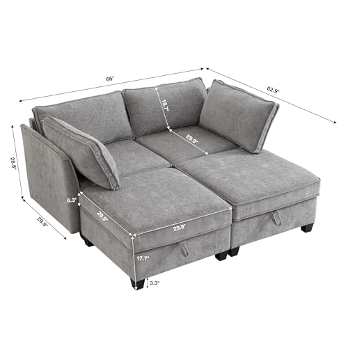 Sleeper Modular Sectional Sofa Set, Convertible Couch Bed with Storage, 4 Seater and 2 Armrestes Sofa Modular for Living Room, Office (Grey) - color: Grey, size: 4 Seater Sleeper Sofa - 1
