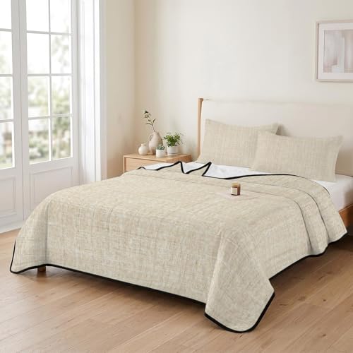 Full Quilt Bedding Set, Minimalist Beige Aesthetic Soft Microfiber Summer Bedspread Coverlet with 2 Pillow Shams for All Season, Retro Linen Textured Breathable Bedding Set for Hot Sleepers - size: Full