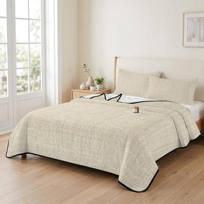 Queen Quilt Bedding Set, Minimalist Beige Aesthetic Soft Microfiber Summer Bedspread Coverlet with 2 Pillow Shams for All Season, Retro Linen Textured Breathable Bedding Set for Hot Sleepers - size: Queen