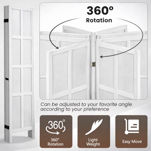 6 Panel Wood Room Divider and Folding Privacy Screen 67″, White | Solid Paulownia Wood Room Partition with 360° Hinges, Freestanding Wall Divider for Room Separation, Home, Bedroom, Office - color: 6 Panels White, size: 6 Panels
