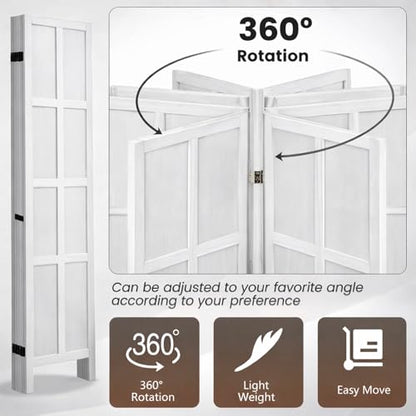 6 Panel Wood Room Divider and Folding Privacy Screen 67″, White | Solid Paulownia Wood Room Partition with 360° Hinges, Freestanding Wall Divider for Room Separation, Home, Bedroom, Office - color: 6 Panels White, size: 6 Panels