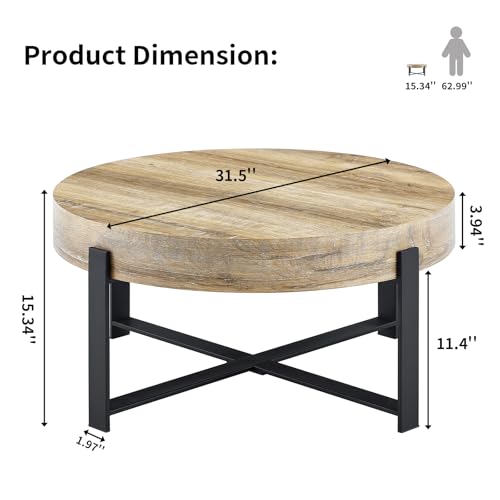 Round Coffee Table, Small Wood Coffee Table with Metal Frame, Modern Rustic Distressed Wood Grain Circle Tables Accent Center Tables for Living Room Apartment Small Space (31.5''D-Retro Natural) - color: X Retro Natural