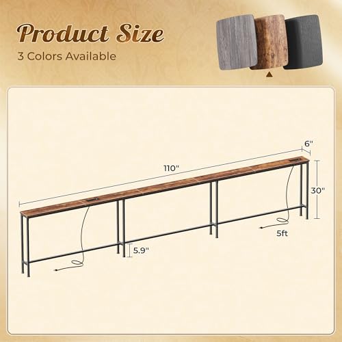 Huuger 110 Inch Sofa Table with Power Outlets, Skinny Behind Couch Table | 5.9 Inch Narrow Entryway Table, Extra-Long Console Table, Behind the Couch Table with Outlet for Living Room, Rustic Brown - color: Rustic Brown, size: 5.9"D × 110"W × 29.7"H