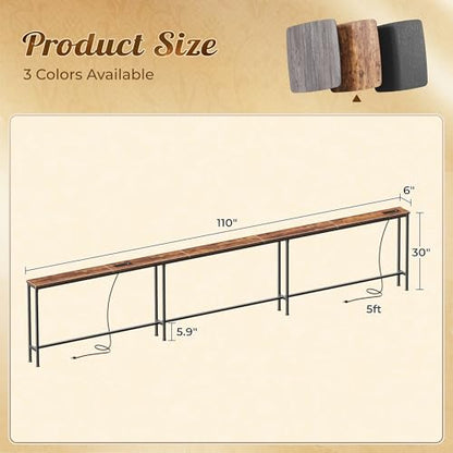Huuger 110 Inch Sofa Table with Power Outlets, Skinny Behind Couch Table | 5.9 Inch Narrow Entryway Table, Extra-Long Console Table, Behind the Couch Table with Outlet for Living Room, Rustic Brown - color: Rustic Brown, size: 5.9"D × 110"W × 29.7"H