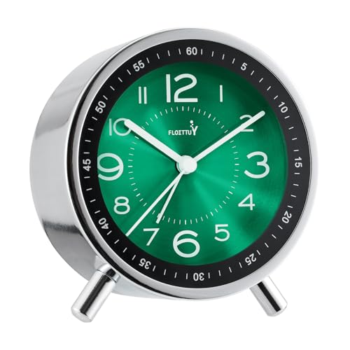 FLOITTUY Super Silent Metal Alarm Clock,Beep Wake Round Alarm Clock with Strip Night Light,Battery Operated,Easy Set,Simple & Retro for Desk, Bedroom and Home Decoration(Emerald Green) - color: Emerald Green