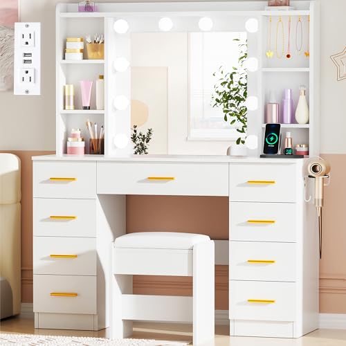ANWBROAD 9-Drawer Makeup Vanity Desk with Mirror and Lights, White | Vanity Table with Cushioned Stool, 3 Colors Lights, Power Outlet, 6 Open Shelves, 5 Hooks Dressing Table for Girls Women