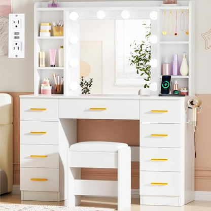 ANWBROAD 9-Drawer Makeup Vanity Desk with Mirror and Lights, White | Vanity Table with Cushioned Stool, 3 Colors Lights, Power Outlet, 6 Open Shelves, 5 Hooks Dressing Table for Girls Women