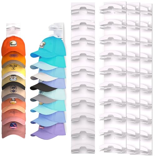 Hat Organizer for Baseball Caps 4Pack, Hat Rack for Wall with Strong Adhesive Hold up to 40 Hats, Hat Hanger Holder Display for Door Closet, Cap Organizer Storage Multilayer Two Mounting Option(White) - color: White, style: 4pcs