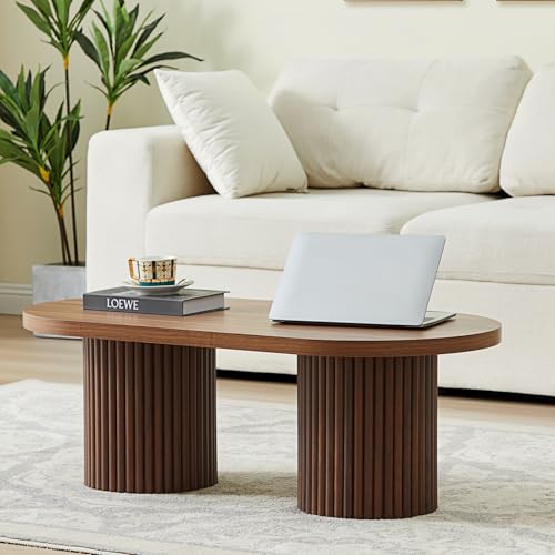 Oval Fluted Coffee Table for Living Room, Modern Small Coffee Table,Walnut | Mid Century Modern Coffee Table with Fluted Legs, Wooden Center Table for Home Office Cafe, Vintage, 39.38" x 19.69" x 13.78" - color: Walnut, size: 19.69"D x 39.38"W x 13.78"H
