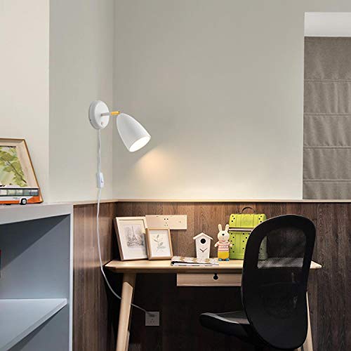 Modern White Plug in or Hardwire Wall Light Sconces, Set of 2 | Adjustable Rotatable Lampshade Simple Wall Mount Lighting Fixture for Bedroom, Living Room, Bedside & Nightstand - color: E-White-2 Pack